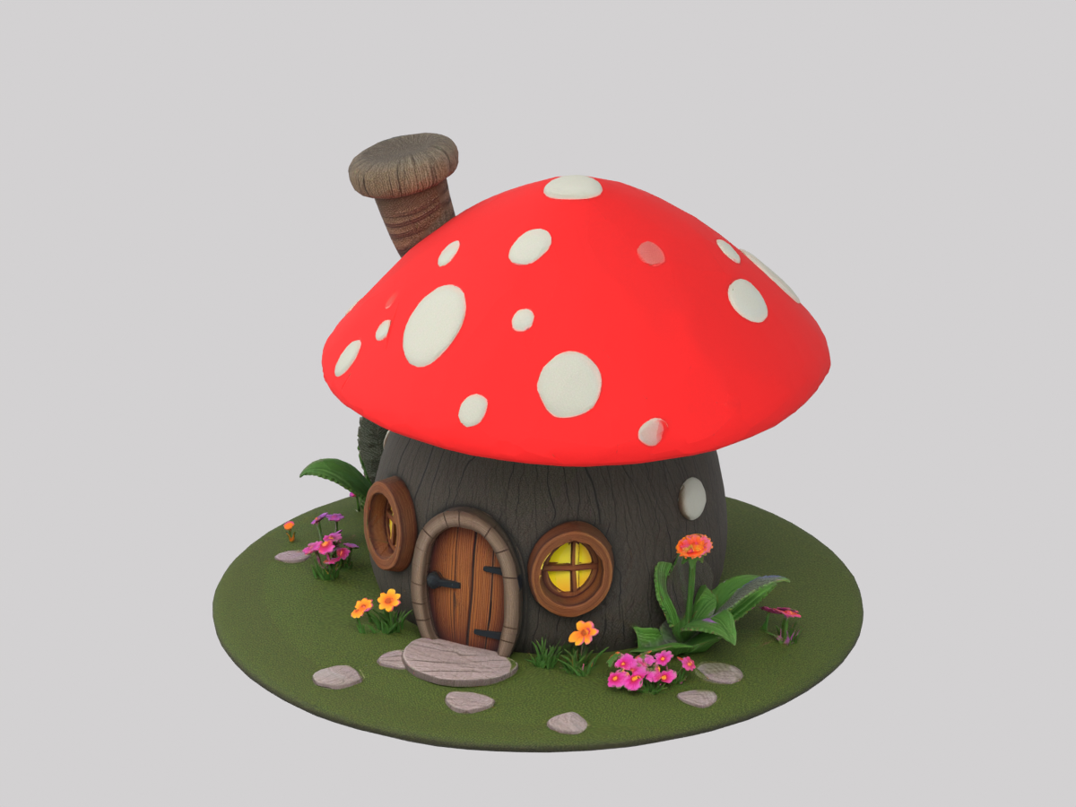 Blender render of Quady3D's original Meshy mushroom cottage, without geometry edits
