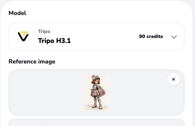 Actual Quady3D workspace showing Tripo H3.1 selected above the pink knight reference image