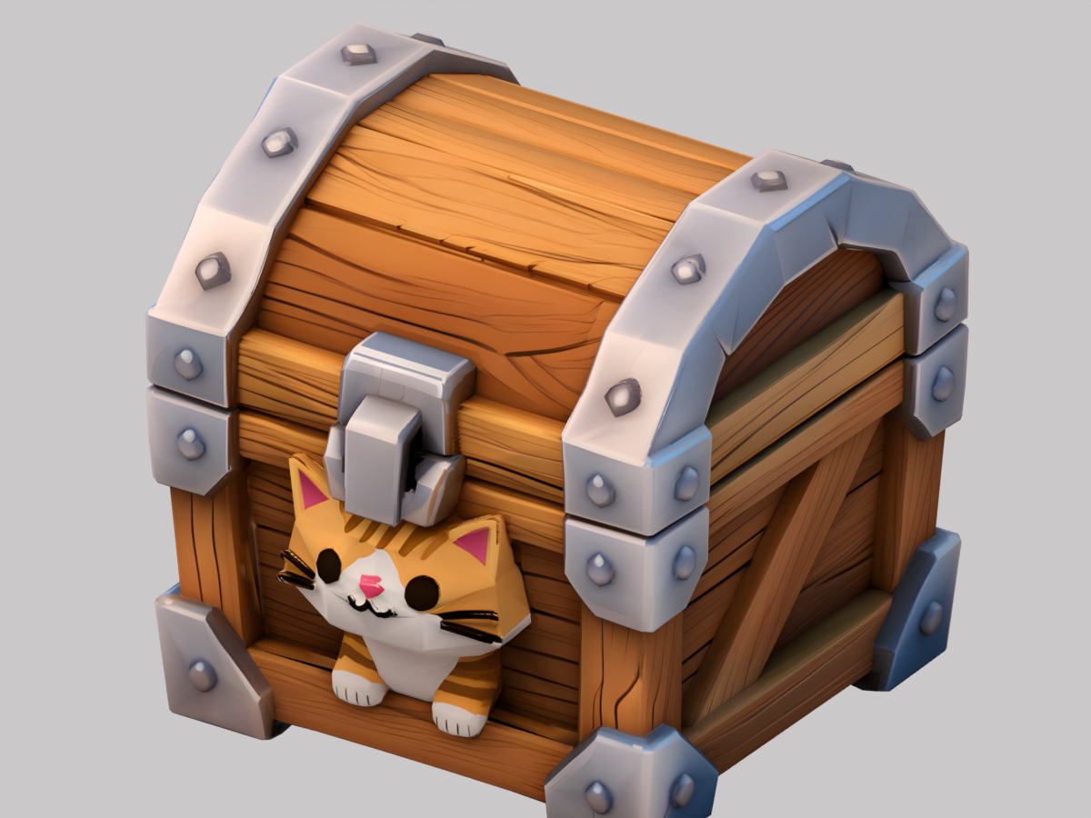 Blender render of the original imported cat treasure chest geometry and texture