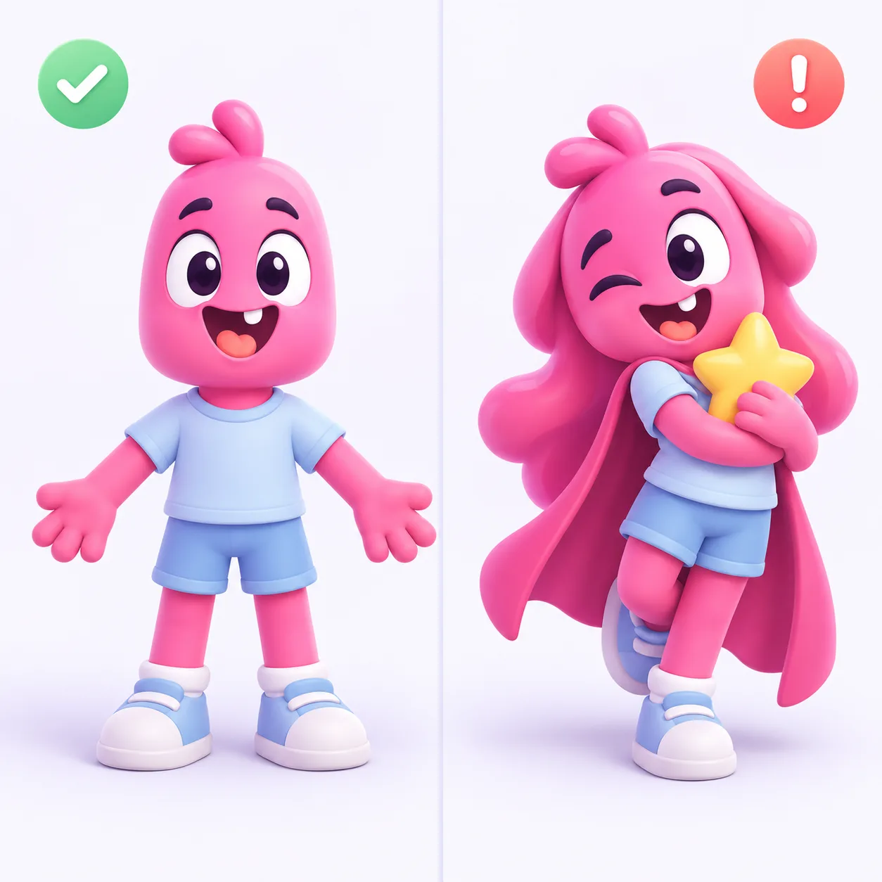Illustration comparing a neutral full-body character with separated limbs to a character with crossed legs and overlapping accessories