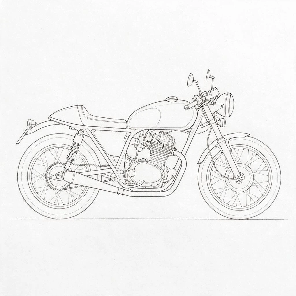Original sketch for A classic cafe racer motorcycle.