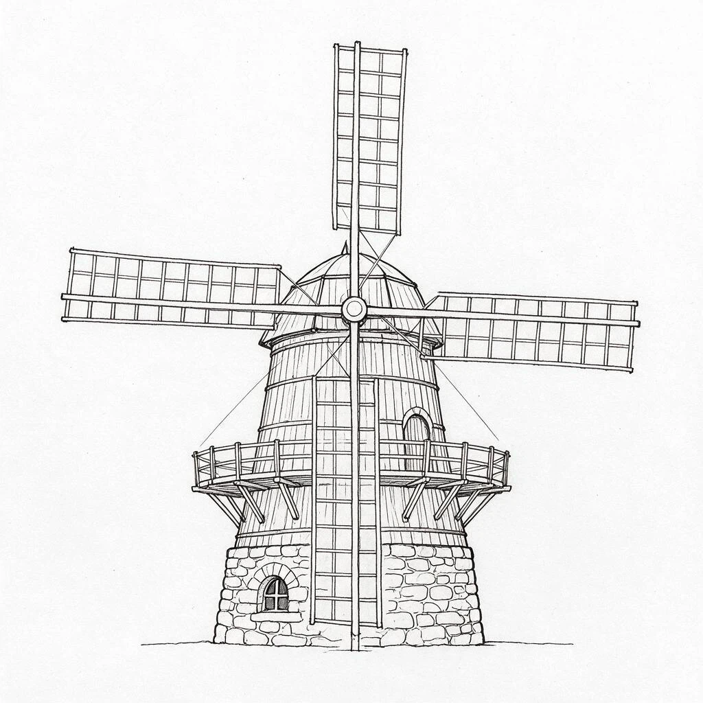 Original sketch for A rustic countryside windmill with four large sails.