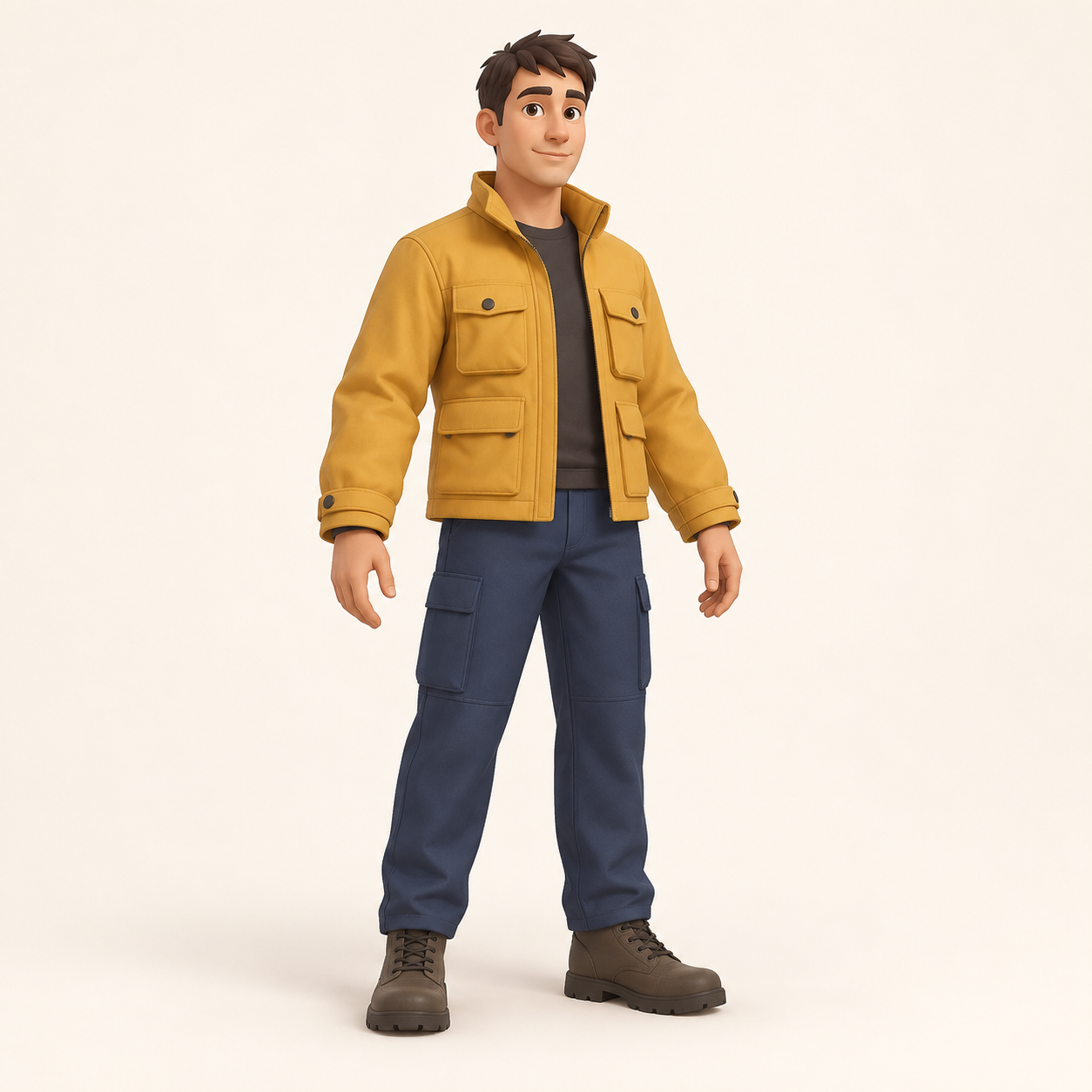 Original adult courier reference with a yellow jacket, visible hands and feet, and separated limbs