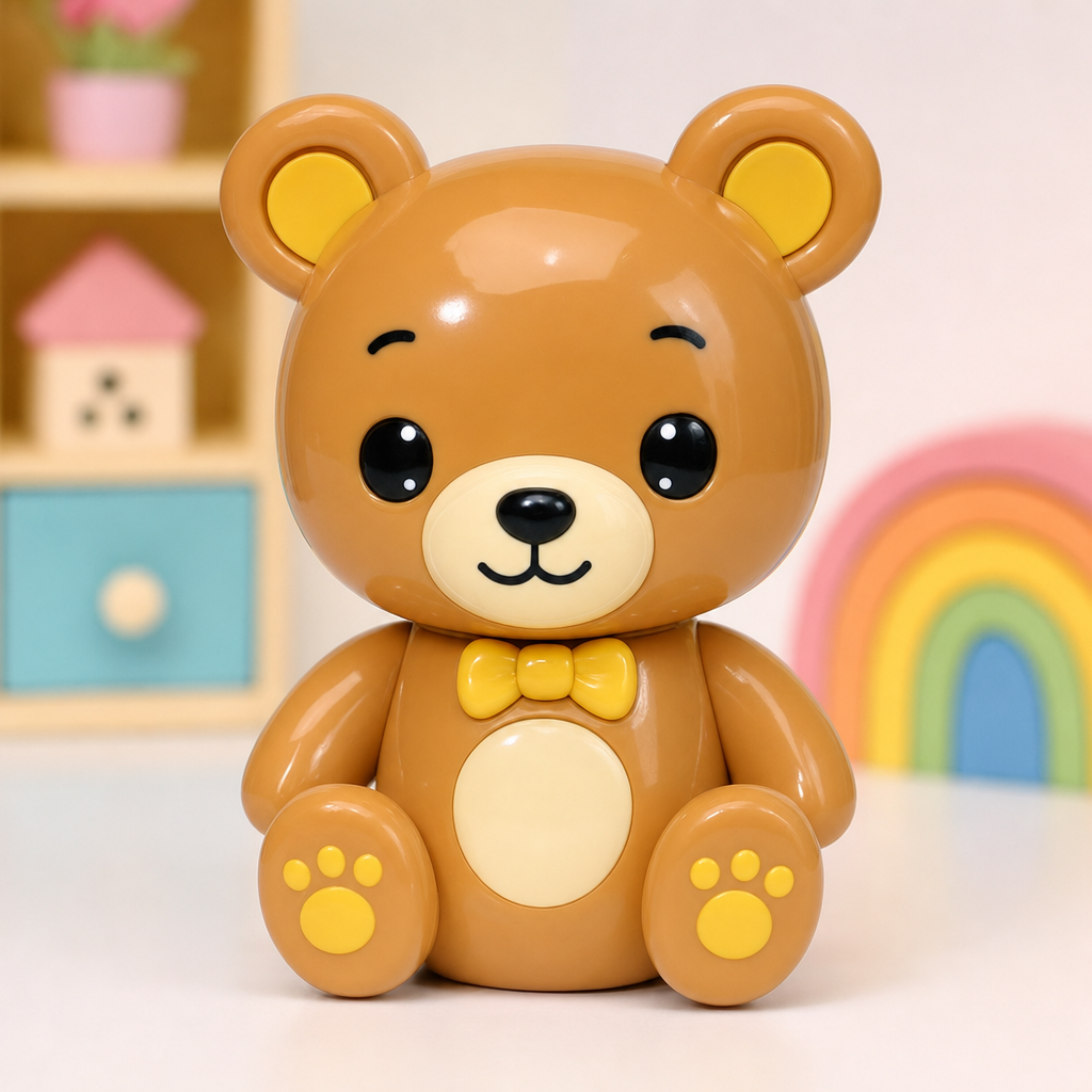 Brown bear figurine reference with a yellow bow and paw pads