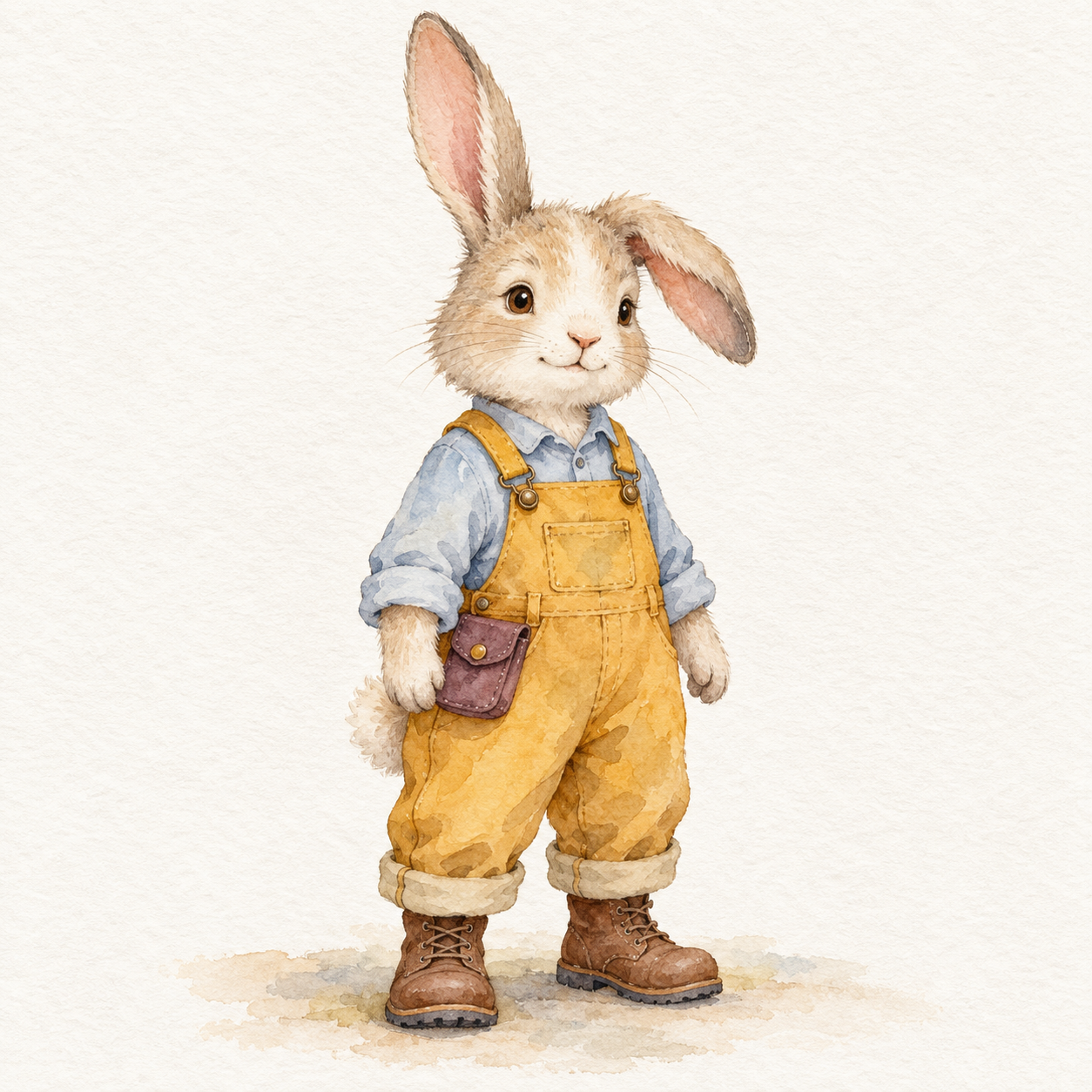 AI-generated watercolor rabbit gardener character reference with yellow overalls and visible full body