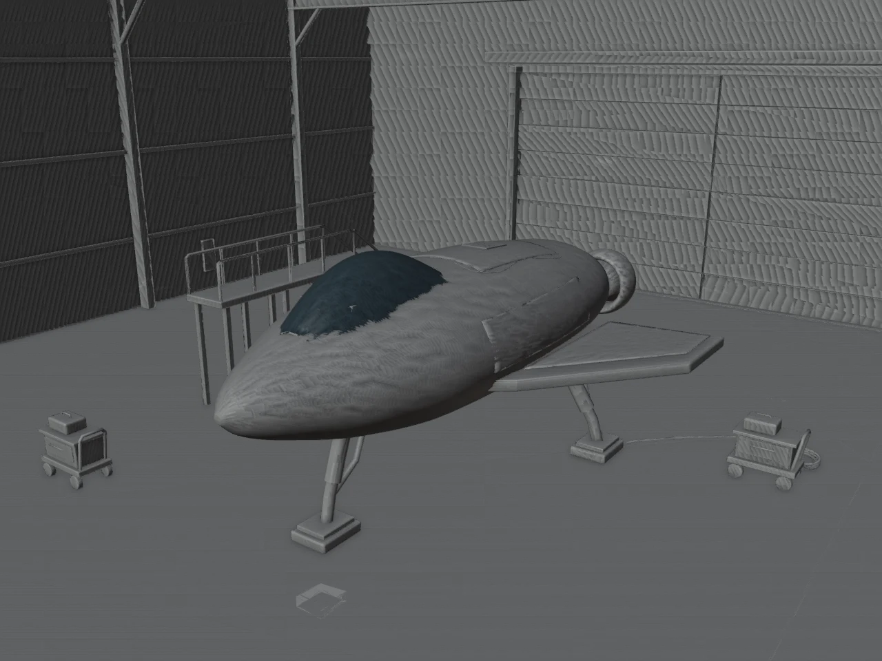Interior view of the saved scene showing a spacecraft, landing legs, gantry and service carts