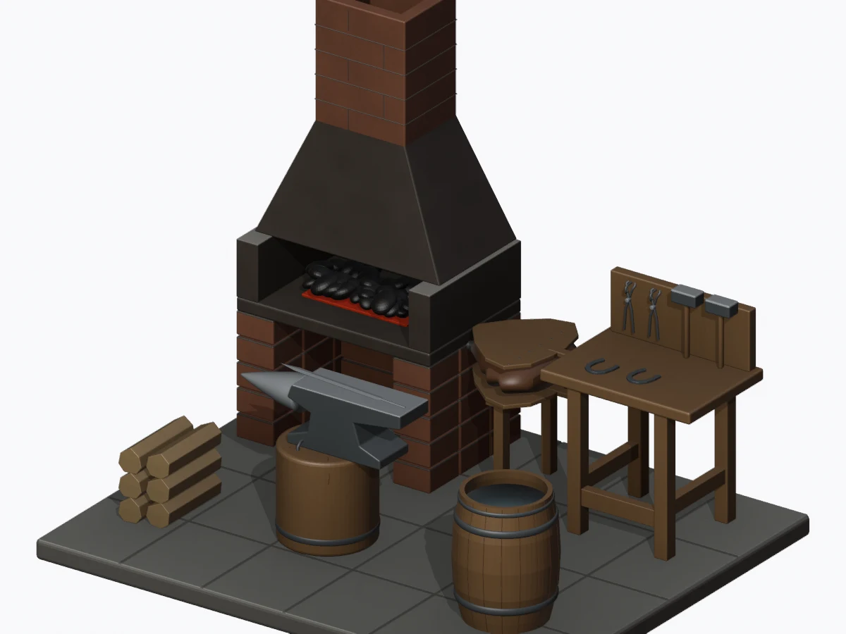 Saved Astra blacksmith forge scene with furnace, anvil and tools