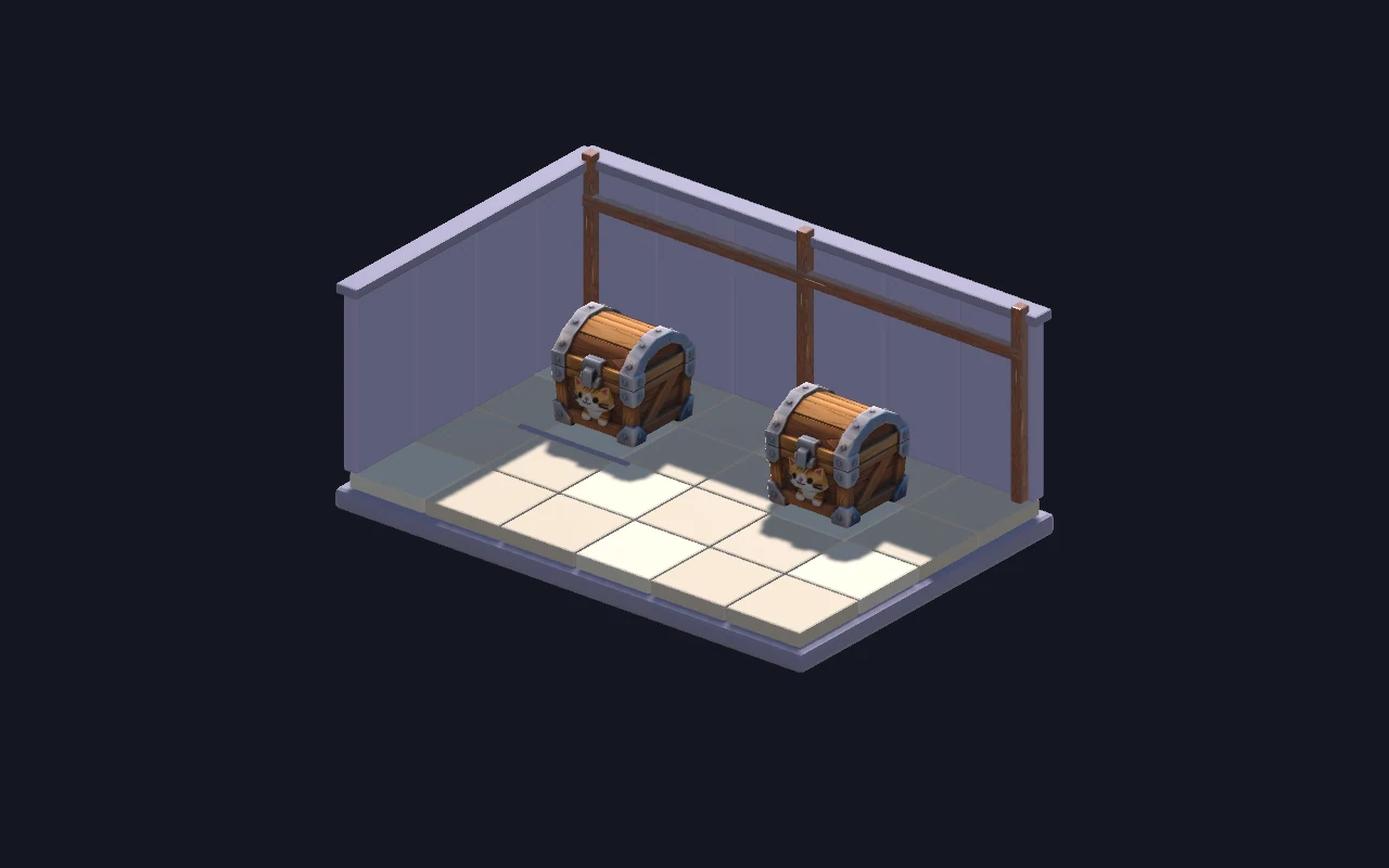 Actual Unity render of the manually assembled treasure room with two cat-chest instances