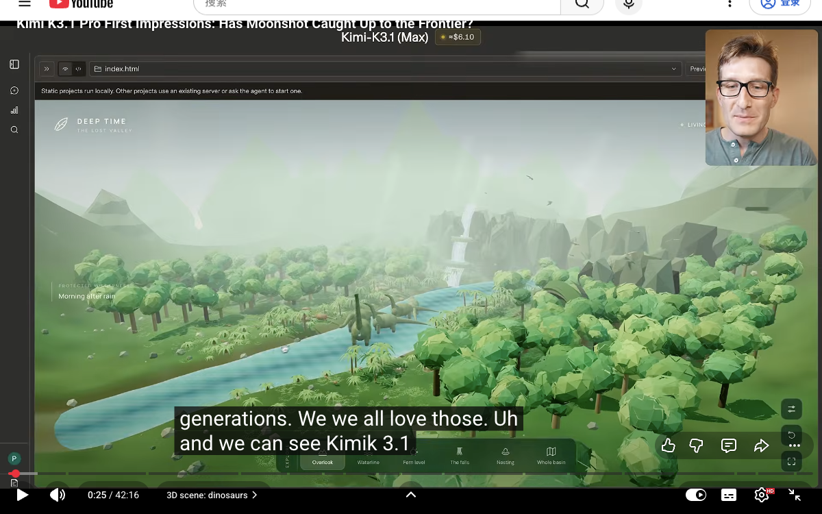 Arena reviewer Peter Gostev showing a Kimi K3.1 dinosaur scene with a river, trees, and interactive scene controls at 0:25 in his YouTube review