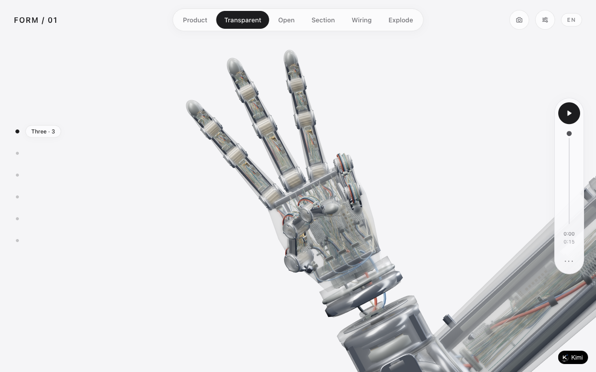 FORM / 01 live robotic-hand project with a transparent shell and Product, Transparent, Open, Section, Wiring, and Explode controls