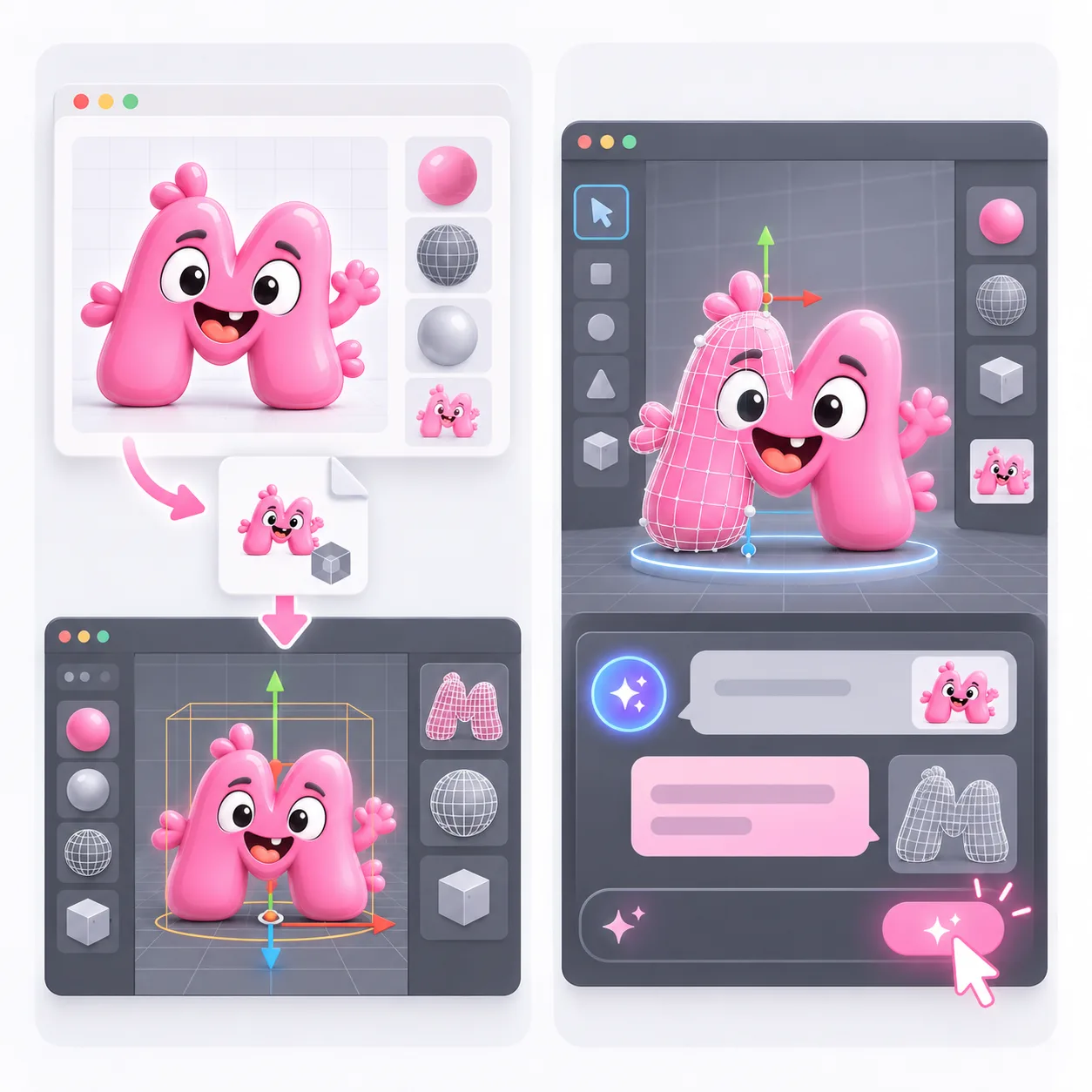 Illustration of Quady3D generation and the separate Blender editing workflow