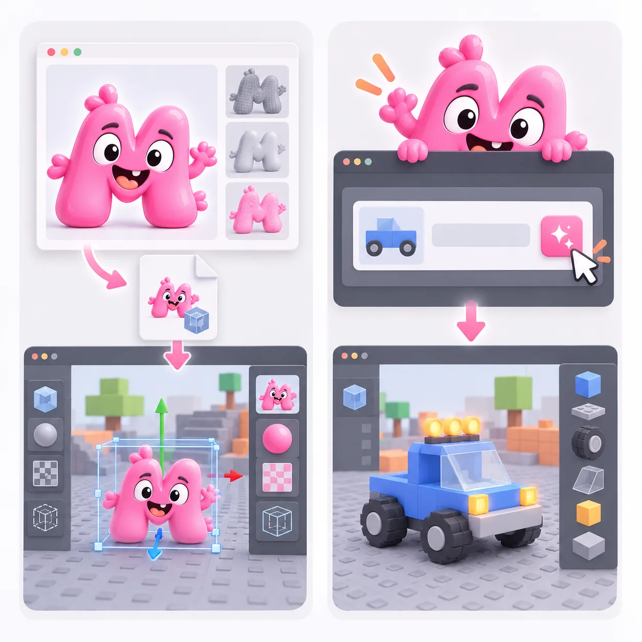 Illustration of Quady3D generation and the separate Roblox Studio editing workflow