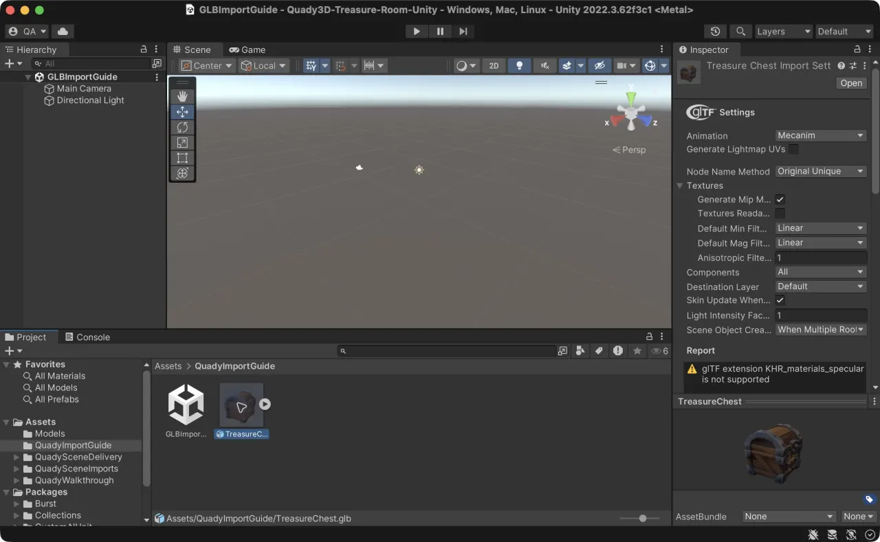 TreasureChest.glb selected in Unity Assets with glTF import settings, model preview and an unsupported KHR_materials_specular warning