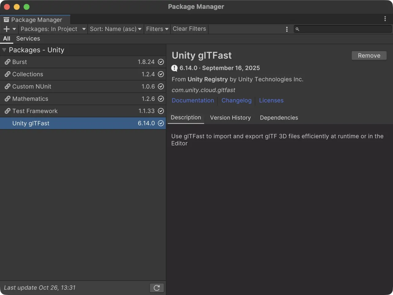 Unity Package Manager showing Unity glTFast 6.14.0 installed from Unity Registry