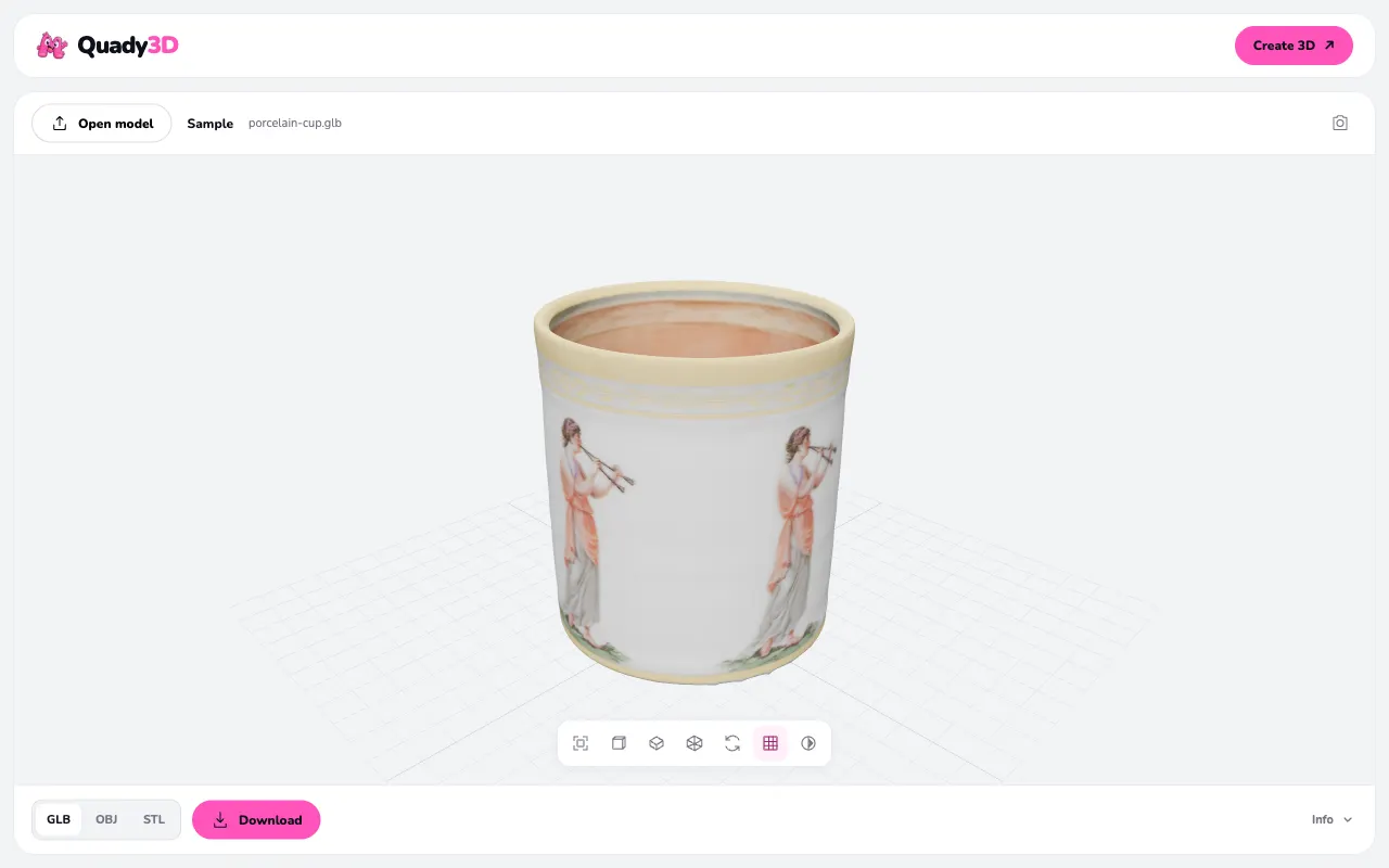 Quady3D Chrome extension displaying a textured porcelain cup with viewing and conversion controls