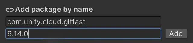 Unity Add package by name dialog with com.unity.cloud.gltfast and version 6.14.0 entered