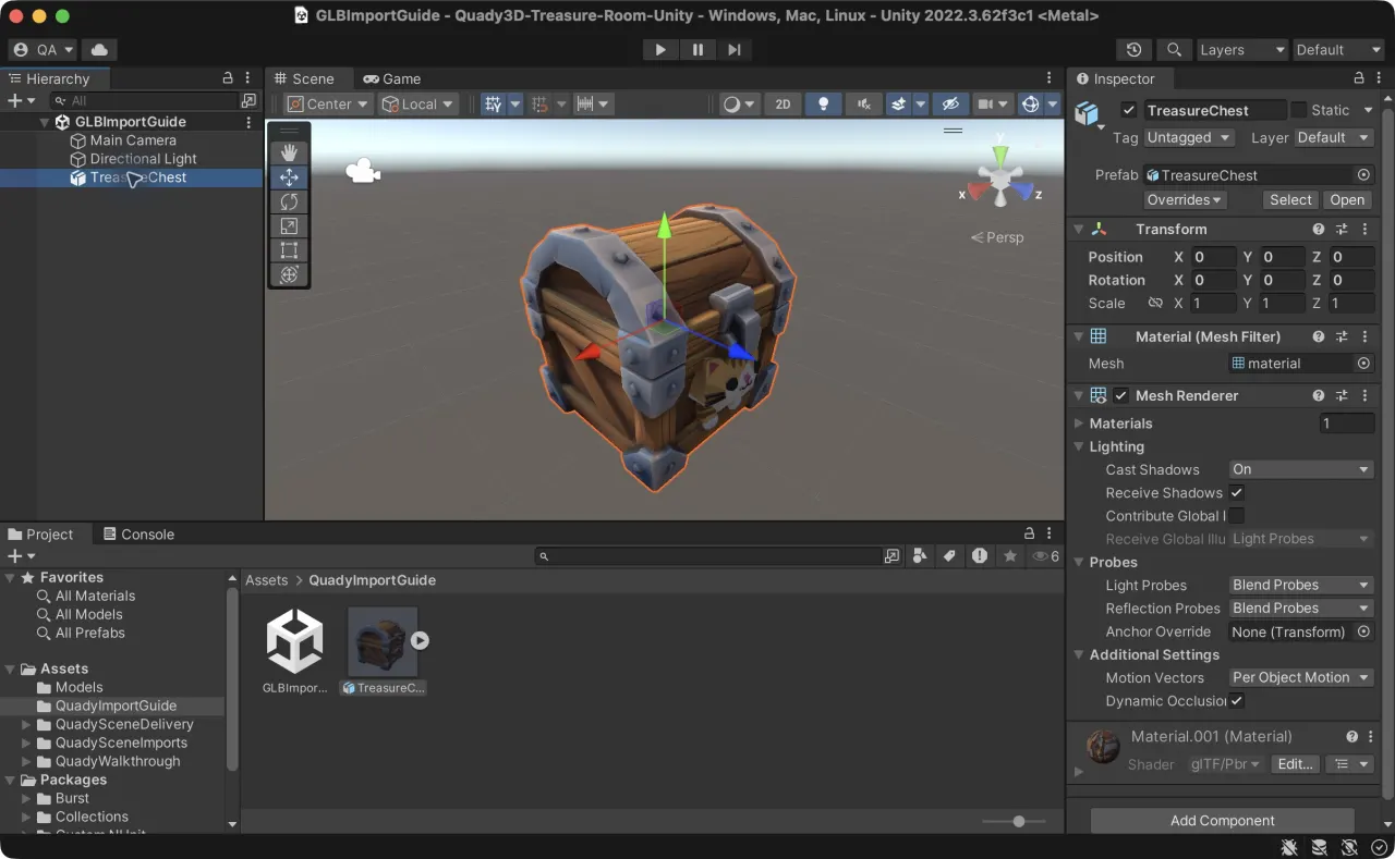TreasureChest prefab placed in a Unity scene with visible texture, a Hierarchy entry and Transform position zero and scale one
