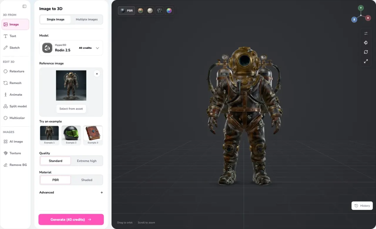 Quady3D image to 3D workspace with a reference image, model controls, and 3D preview