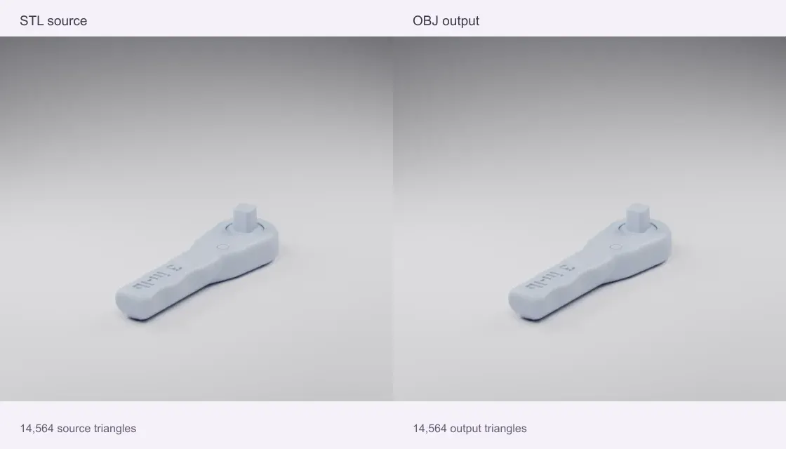 NASA wrench: STL source on the left and converted OBJ on the right
